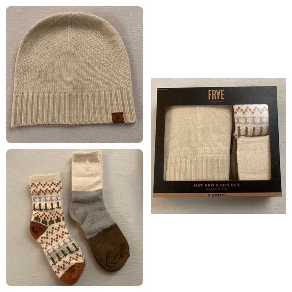 Frye Off White Cream Beanie Hat & Multicolor Soft Fuzzy Boot Socks Gift Set New - Picture 2 of 10